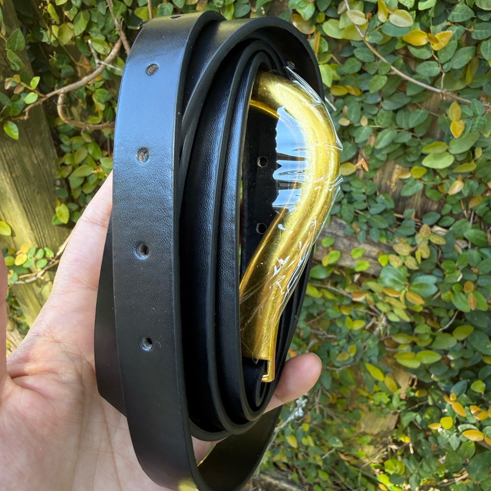 Black Vegan Leather Belt with Gold Tone Curved Buckle - Picture 5 of 10